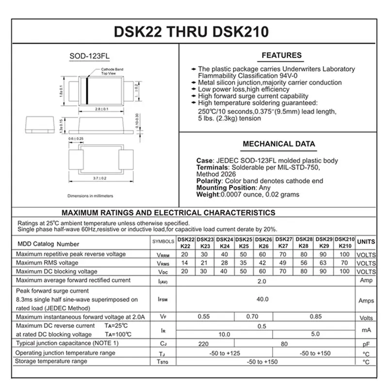 100 шт. SMD Шоттки барьер Выпрямитель Диод 2A 20-100 в RBR1MM40A SOD4001 D1 DFLS240L-7 DSK26 K26 ES2J S4 SOD-123FL |