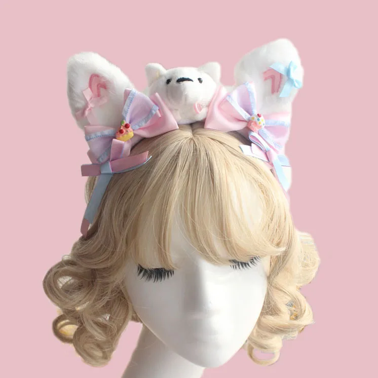 

Original Hand-Made Lolita Bottle Bear Ears Headband Blue Ci Sweet Plush Headband Lolita Bow KC