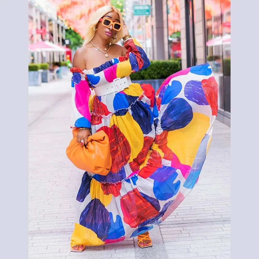 

Vintage Maxi Dresses for Women Fall Clothes Bohemia Sexy Long Dress Off Shoulder Plus Size Chiffon Dress Wholesale