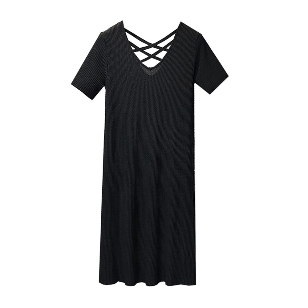 

EHQAXIN Summer Plus Size Women's Knitted Sweater Dress V-Neck Short-Sleeved Straight Hedging Long Dress Cross-Tie Halter L-4XL