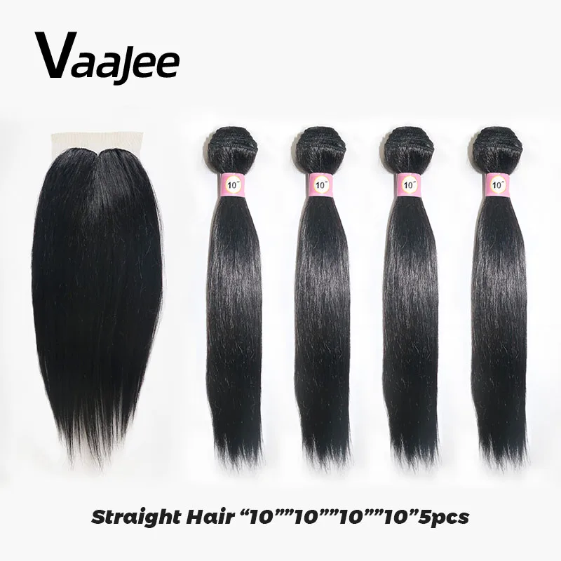 

VaaJee Women Synthetic Hair Weave Bundles with Closure Black 8" 10" 5pcs/lot High Quality Straight Hair Bundles Hair Extension