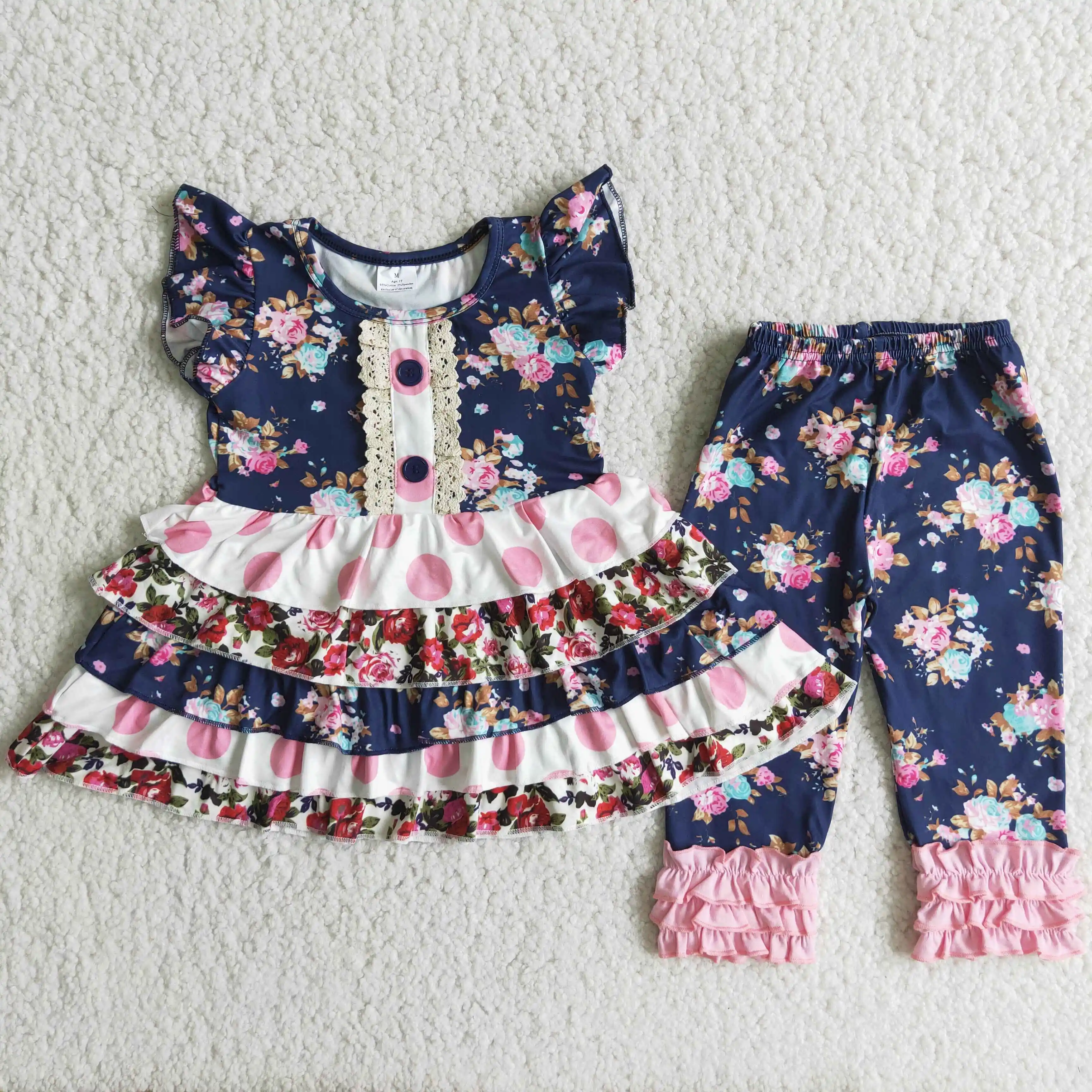 

Toddlers Blue Floral Outfits Baby Girls Flutter Sleeves Ruffled Top And Pants Kids Clothing Sets Children Boutique Wholesale