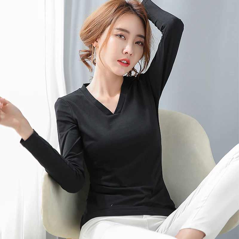 

Tee Shirt Femme 2020 New Fashion Solid T-Shirt V-Neck Basic Summer Tops Long Sleeve Cotton T Shirt Women Tshirt Korean Clothes