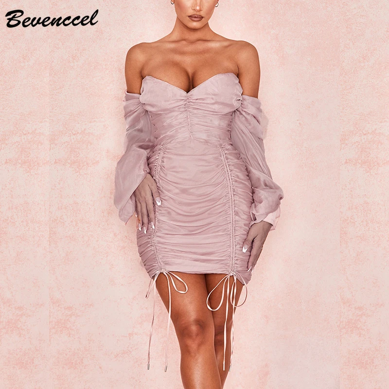 

Bevenccel 2020 New Autumn Puff Long Sleeve Women Dress Sexy Slash Neck Off Shoulder Draped Bodycon Evening Party Dress Vestidos