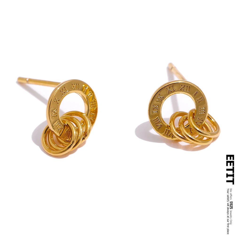 

Eetit 100% 925 Sterling Silver Round Stud Earrings Statement Roman Numerals Metal Hollow Earrings серьги кольца Jewelry Gift