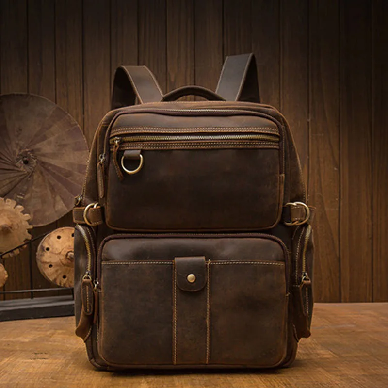 

Handmade retro crazy horse leather men's backpack 2020 new trend personality leather wide shoulder strap travel cowhide backpack