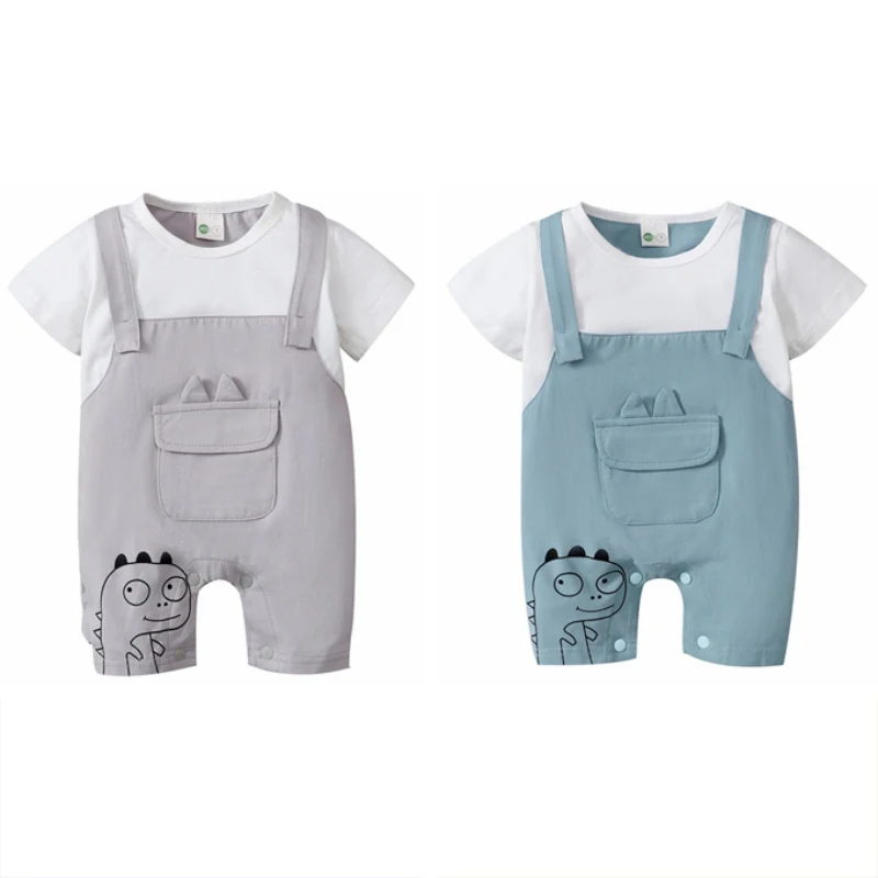 

Baby Boys Casual Jumpsuit Cotton Cloths Leuke Dinosaurus Afdrukken Bandjes Stiksels Korte Romper