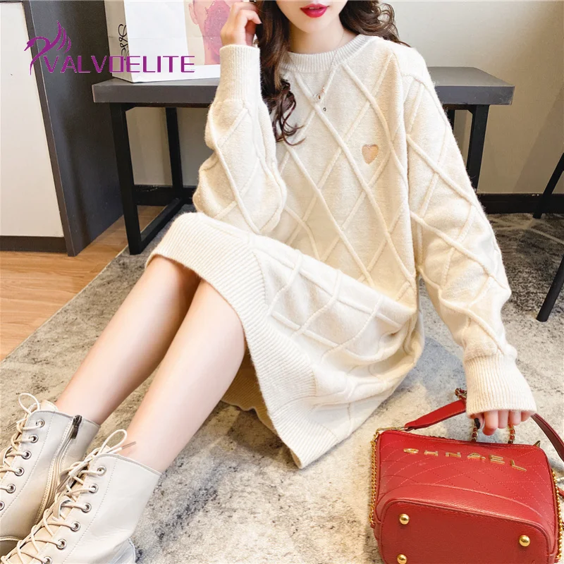 

Новинка, Женский вязаный свитер, зимний бархатный теплый свитер, Длинный пуловер с круглым вырезом, платье высокого качества, Однотонная ру...