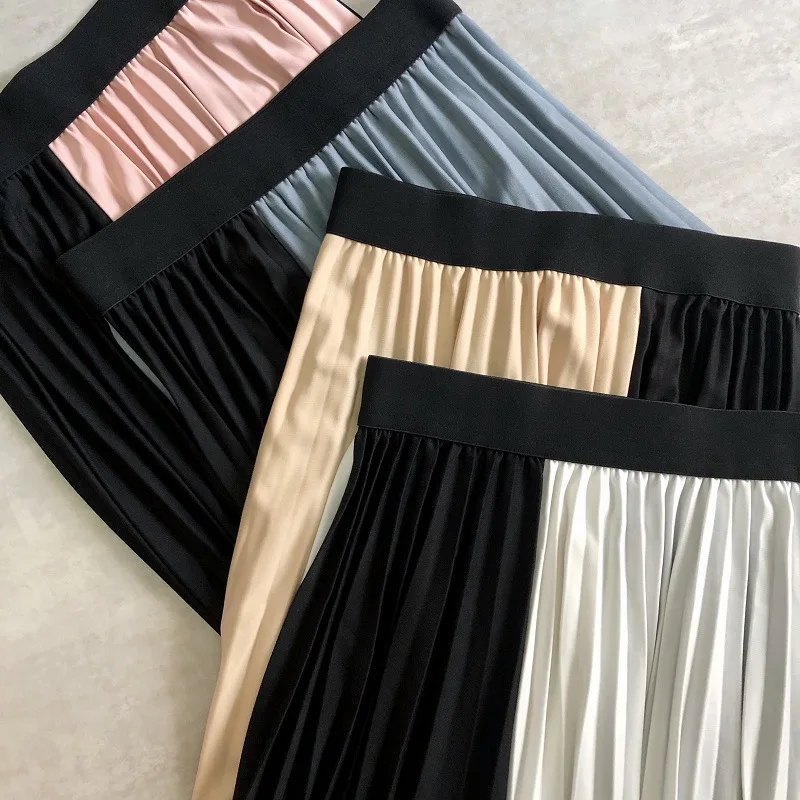 

GTGYFF Long Midi Skirts For Women Elastic High Waist Pleated Color Block Summer Skirt Spring Summer Pink Blue White Black Beige