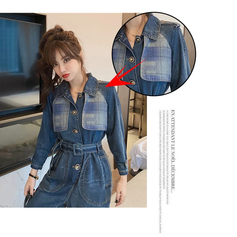 

2021 Spring Autumn Streetwear Blue Black Denim Button Women Jumpsuit High Waisted Long Sleeve Pocket Sashes Slim Rompers Y627