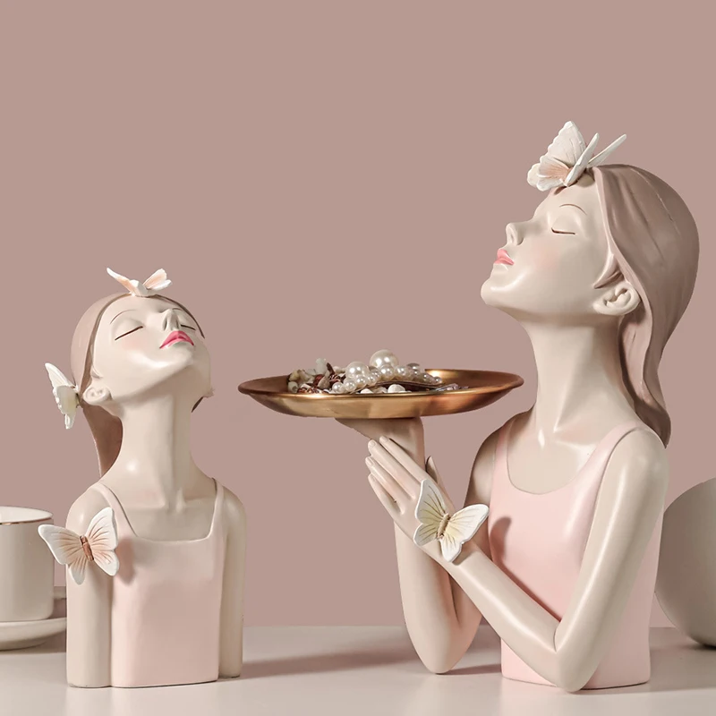 

Butterfly Fairy Figures Girl Figurines Decoration Crafts Resin Tabletop Statues Creative Characters with Metal Gold Tray Decor