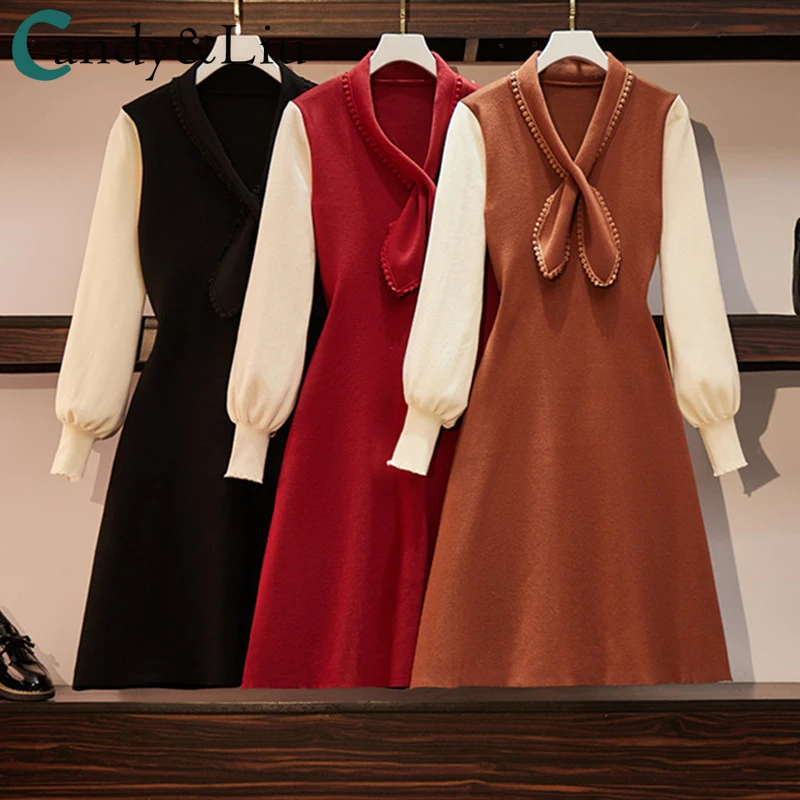 

Платье большого размера для крупных женщин, 2020 на осень-зиму новая мм с имитацией двух отдельных изделий темперамент показать тонкий внутри...