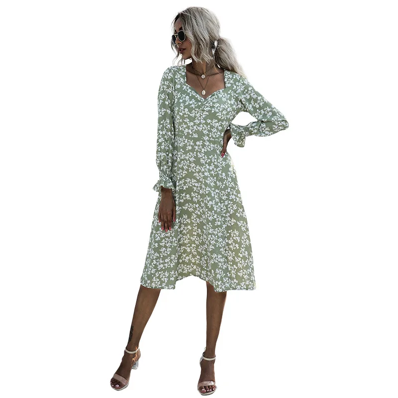 

Hot selling Ladies Floral Printed Dress Romance Retro V Neck Long Sleeve Ruffle Boho Mini Dress vestido de mujer