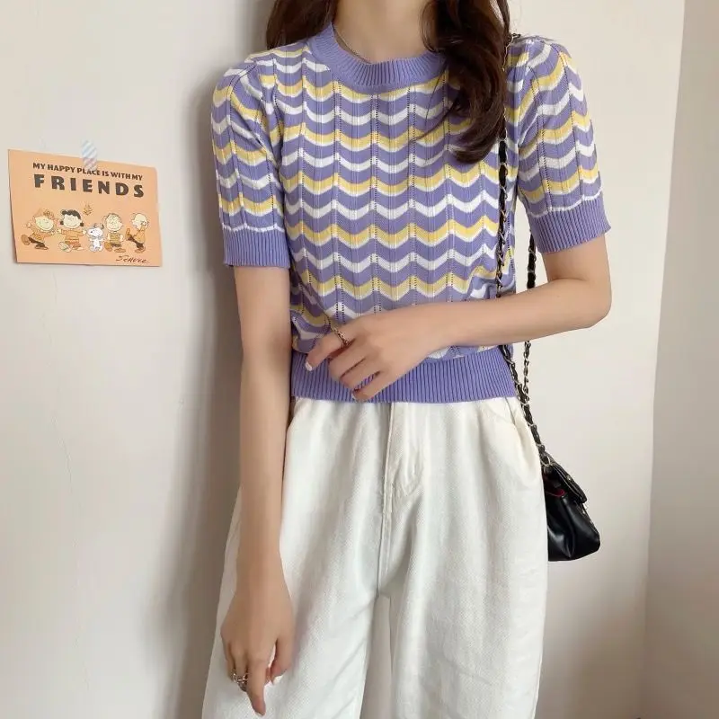 

Summer Hollow Out Stripe Ice Silk Knitted Short Sleeve Tops Women 2021 Casual Top Classic Breathable Simplicity Female Tee Shirt
