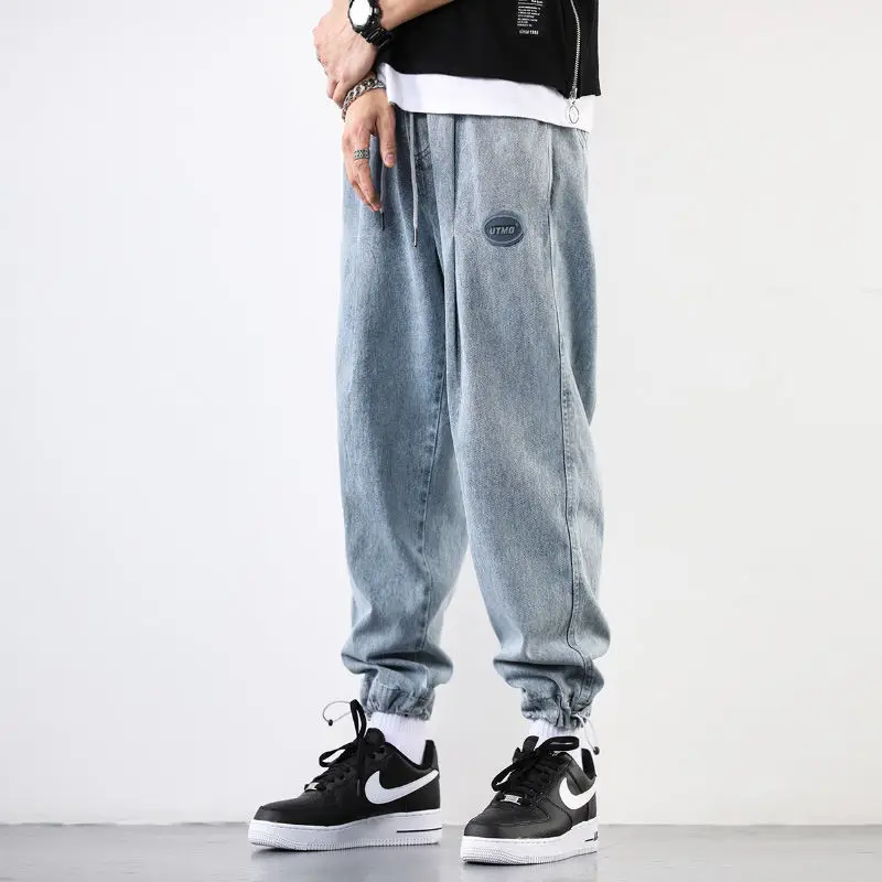 Autumn Men's Jeans Ankle-Tied Fashion Baggy Jeans High Street Elastic Waist Capri Trendy Retro Distressed Jeans Hip Hop Pants