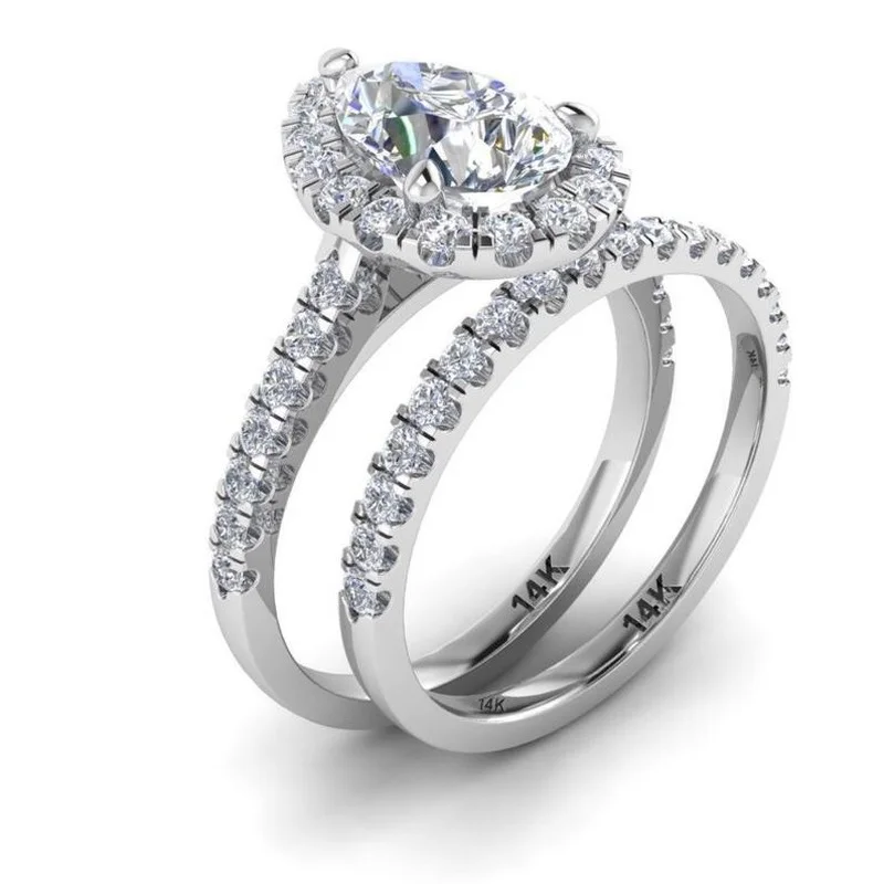 

2 Pcs/Set Trendy Teardrop White Crystal Ladies Ring Micro Paved AAA CZ Rhinestone for Women Wedding Jewelry