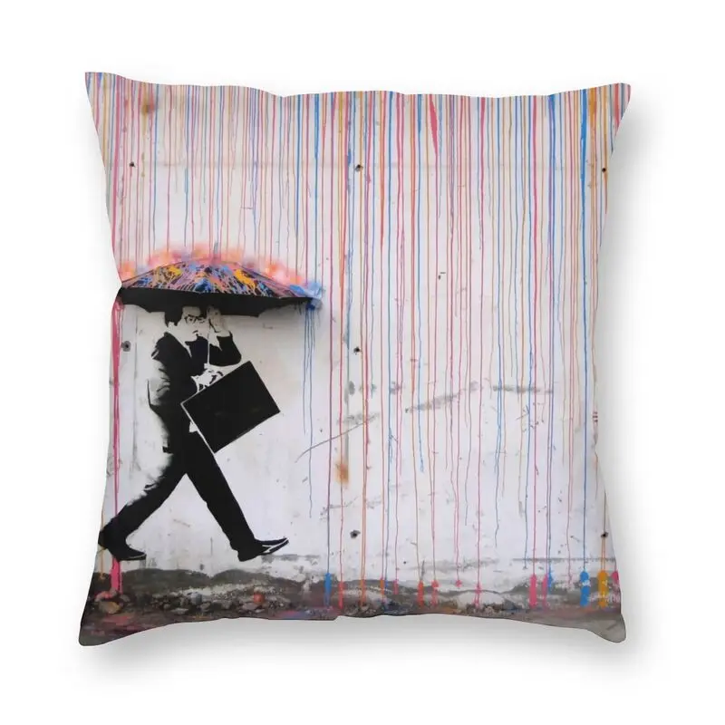 

Banksy Umbrella Rainbow Happy Girl Cushion Cover Sofa Living Room Street Graffiti Pop Art Square Throw Pillow Case 45x45