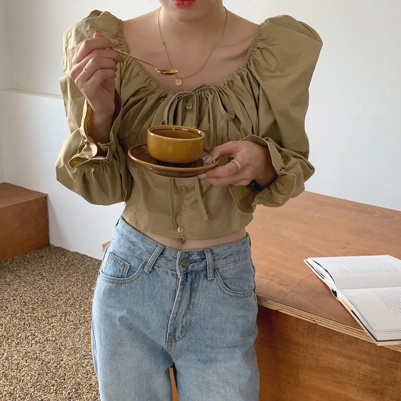 

Alien Kitty Solid Vintage Chic 2020 Retro Flare Sleeves Slim Sexy Sweet High Waist Party Streetwear Loose Gentle Short Shirts