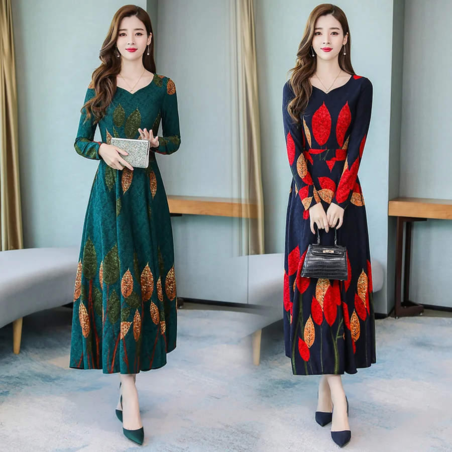 2019 винтажные женские миди платья с принтом осень зима 3XL плюс размер платье макси