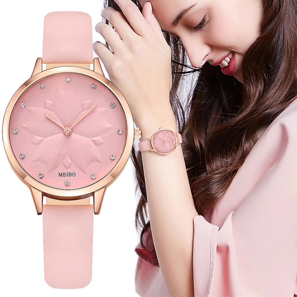 

New Korean Simple Ladies Wrist Watch Fashion Diamond Leaf Pattern Pink Leather Strap Diamond Female Quartz Watch For Women Gift