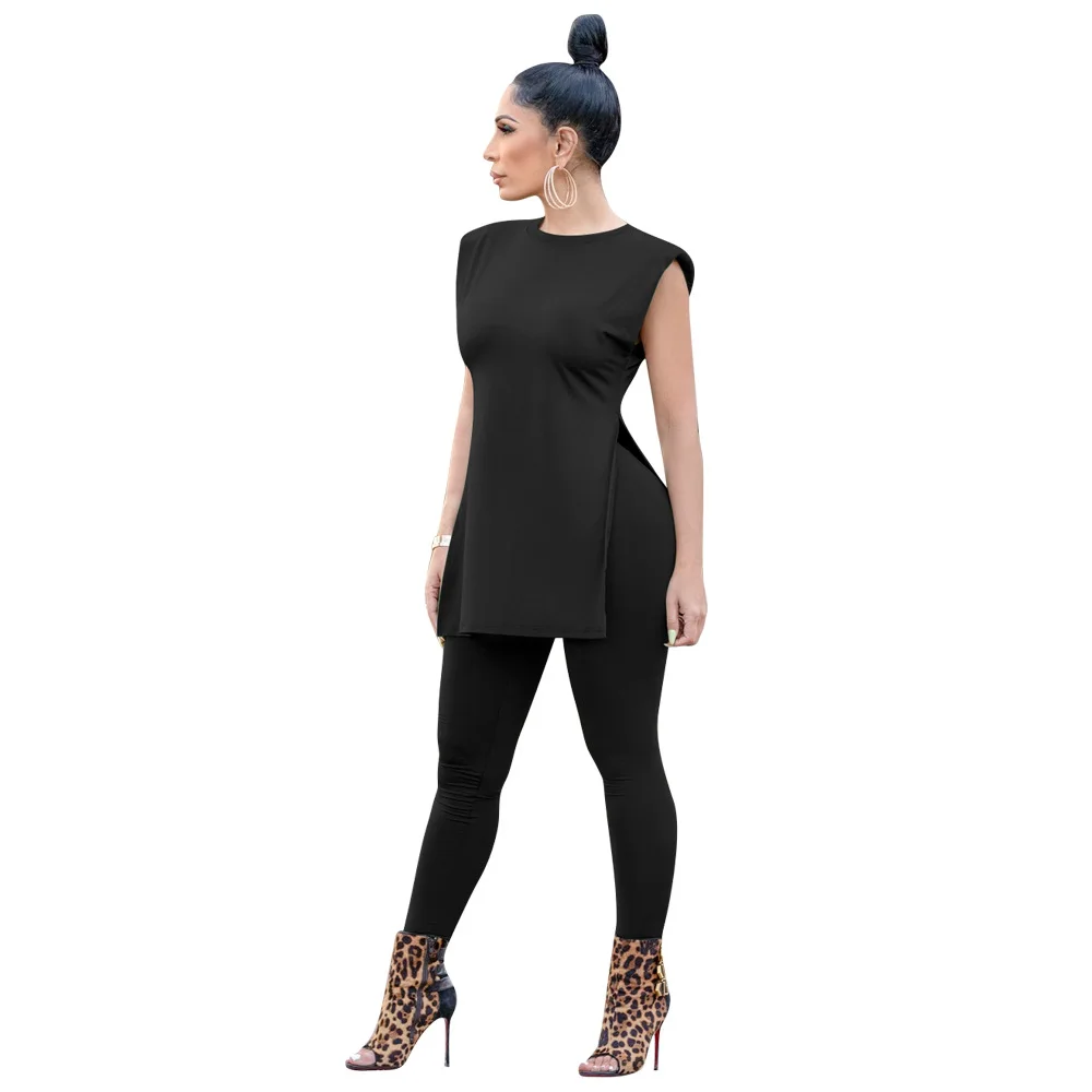 

Solid Color Two Piece Women's Clothing Sexy Sleeveless Personality Split Casual Fashion Shoulder Pad Casual Loose Trousers Suit