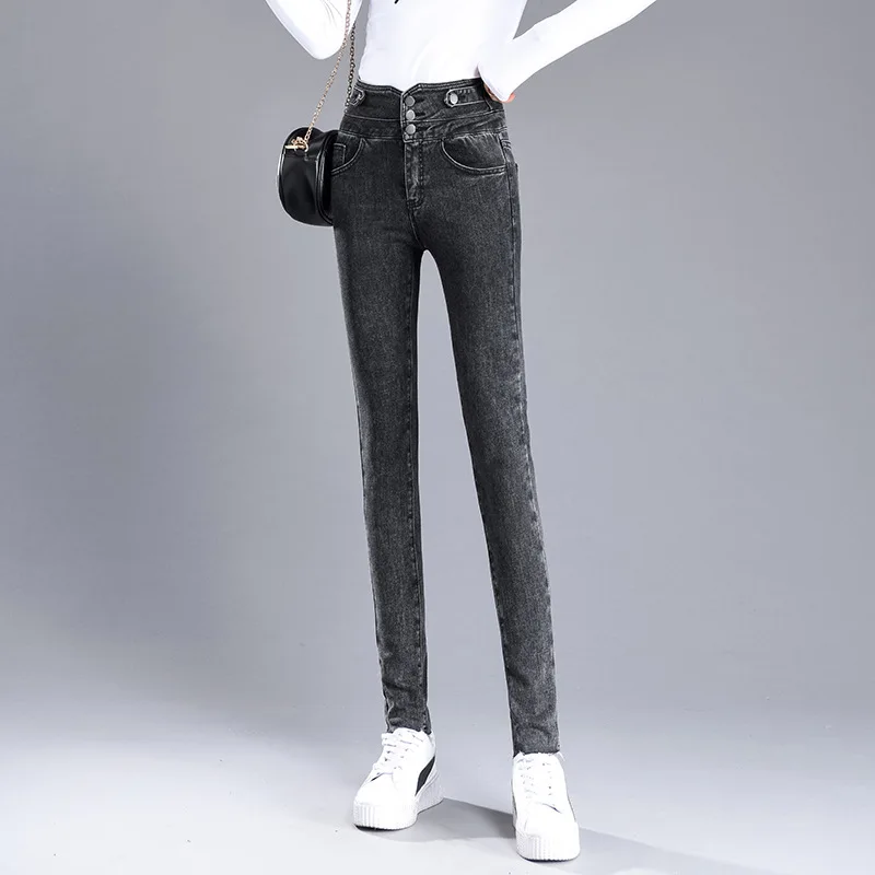 Черные женские джинсы с завышенной талией стройнящие джинсовые брюки стрейч