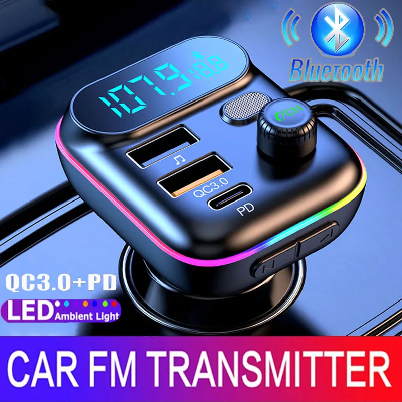 

Car FM Transmitter Music MP3 Player PD 18W Type-C QC3.0 USB Charger Bluetooth 5.0 Handsfree Car Kit with Atmosphere Light