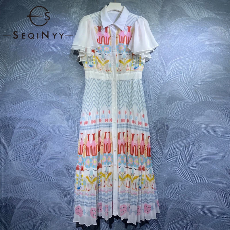 

SEQINYY White Midi Dress Summer Spring New Fashion Design Women Runway High Street Vintage Flowers Print Ruffle A-Line Elegant