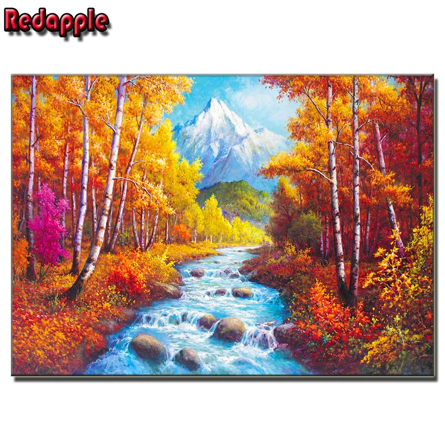 

5d diy diamond painting cross stitch fall landscape Birch forest,snow mountain,small stream full diamond mosaic embroidery decor