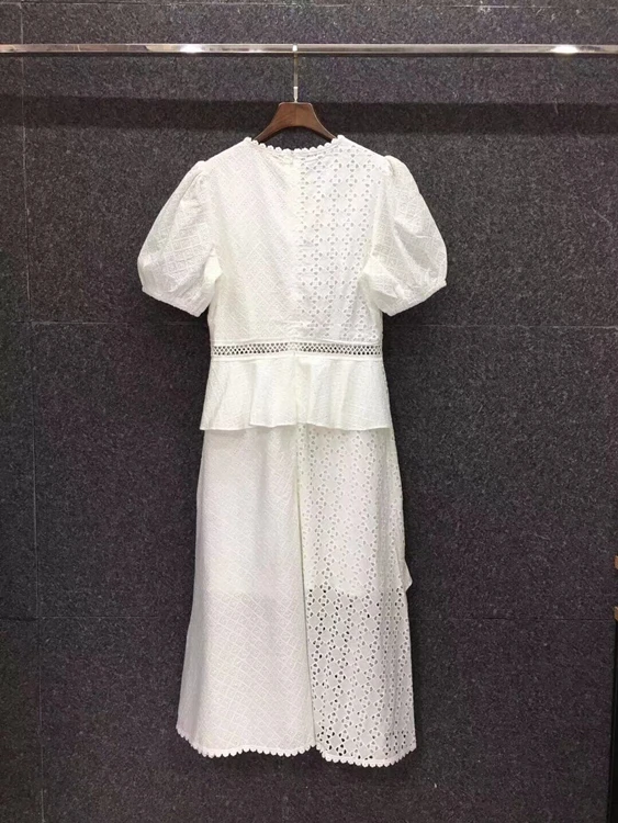 

2021 spring and summer new women's round neck solid color decorative water-soluble hollow embroidery short-sleeved dress 324