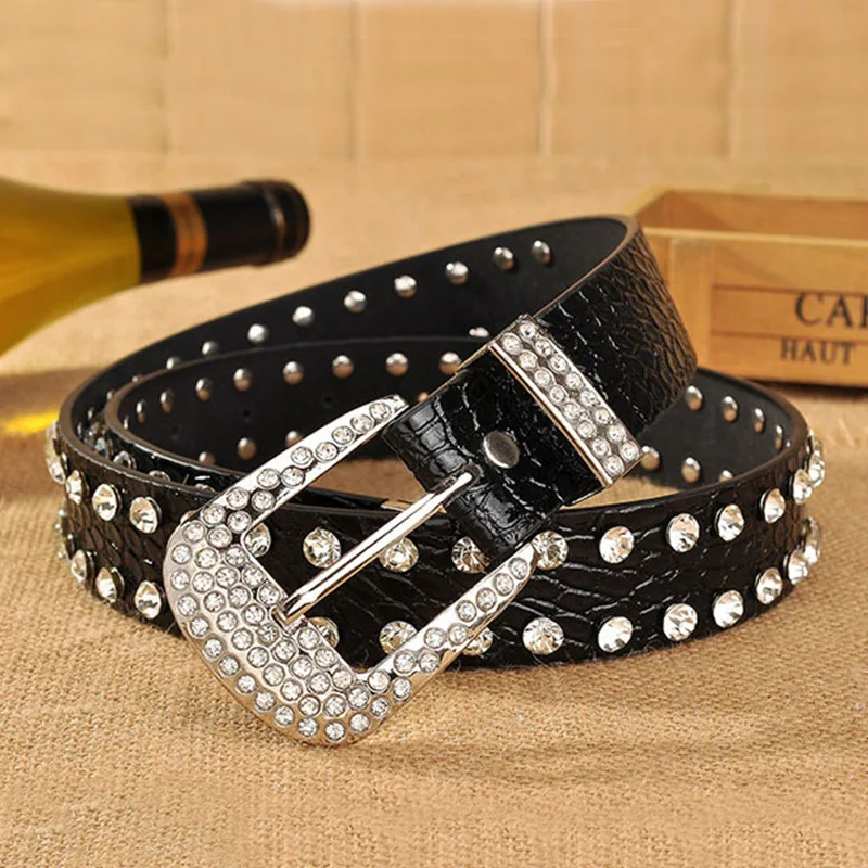 

2 Rows Rhinestone Crystal Full Inlaid Pin Buckle Genuine Leather Women Waist Belts Strap Punk Rock Goth Jeans Show Decoration