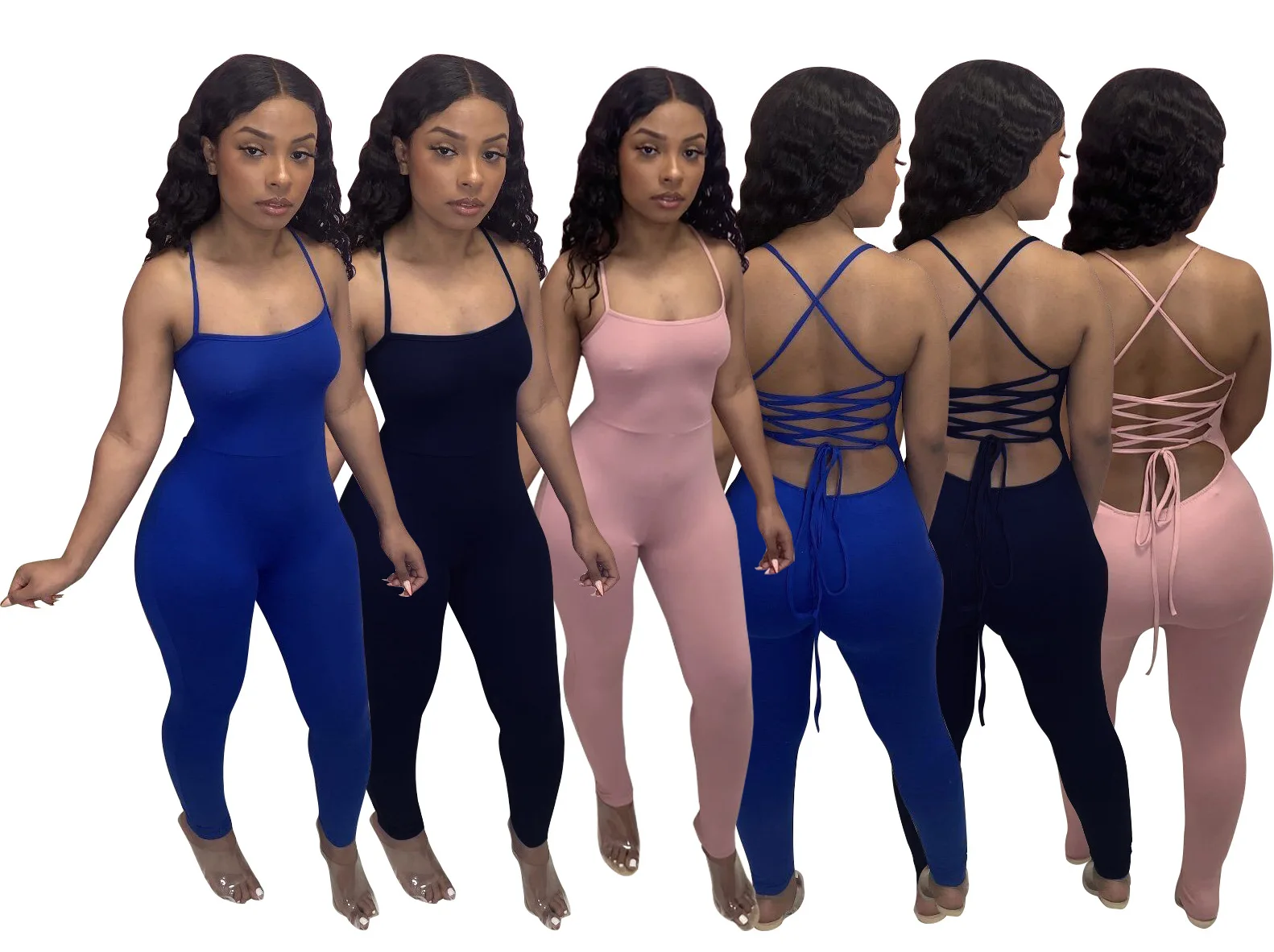 

Nightclub Style Women's Clothing Fashion Sexy Solid Color Suspenders Open Back Straps Tight Fitting Mid Waist Long Jumpsuit