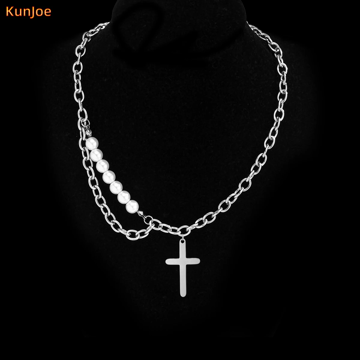 

KunJoe 2021 New Trendy Personality Design Cross Pendant Necklace for Women Statement Imitation Pearl Chain Choker Girls Jewelry