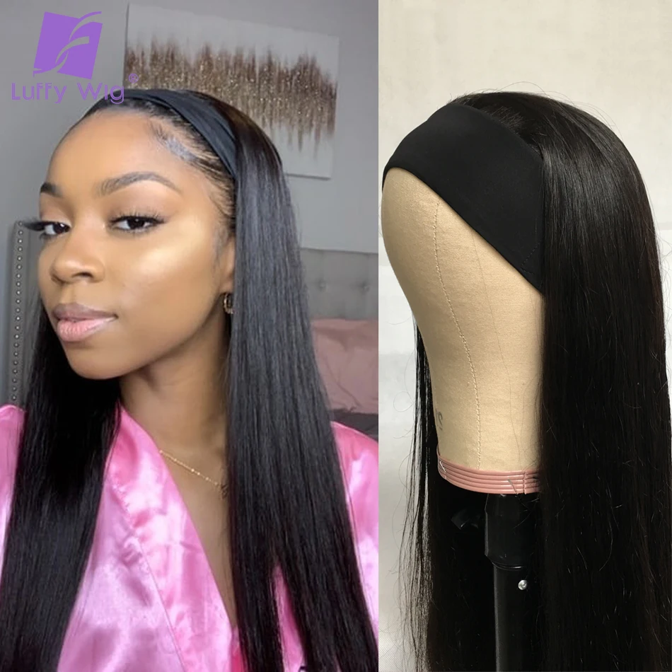 Headband Wig Straight Human Hair Brazilian Remy Hair Machine Scarf Wigs Glueless Natural Color 200 Density For Black Women LUFFY
