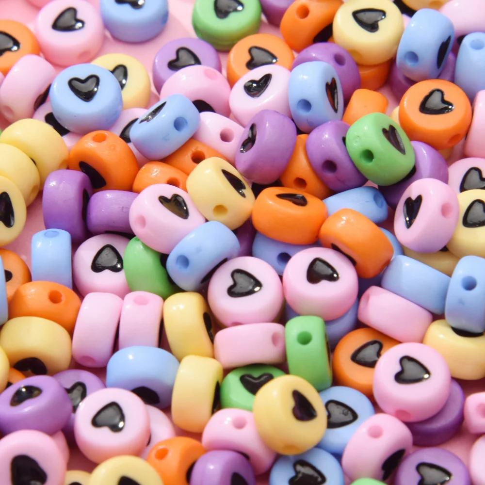 

4*7mm Acrylic Beads 100Pcs/pack Flat Round Colorful Color Heart-shaped Pattern Oil Beads DIY Bracelet Accessories Loose Beads