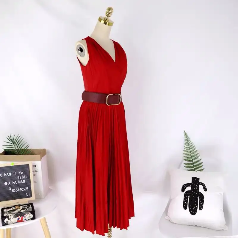 

dresses for women 2021 Runway summer Sleeveless Sexy V-neck pleated elegant party night Red dress Clubwear vestido femme robe