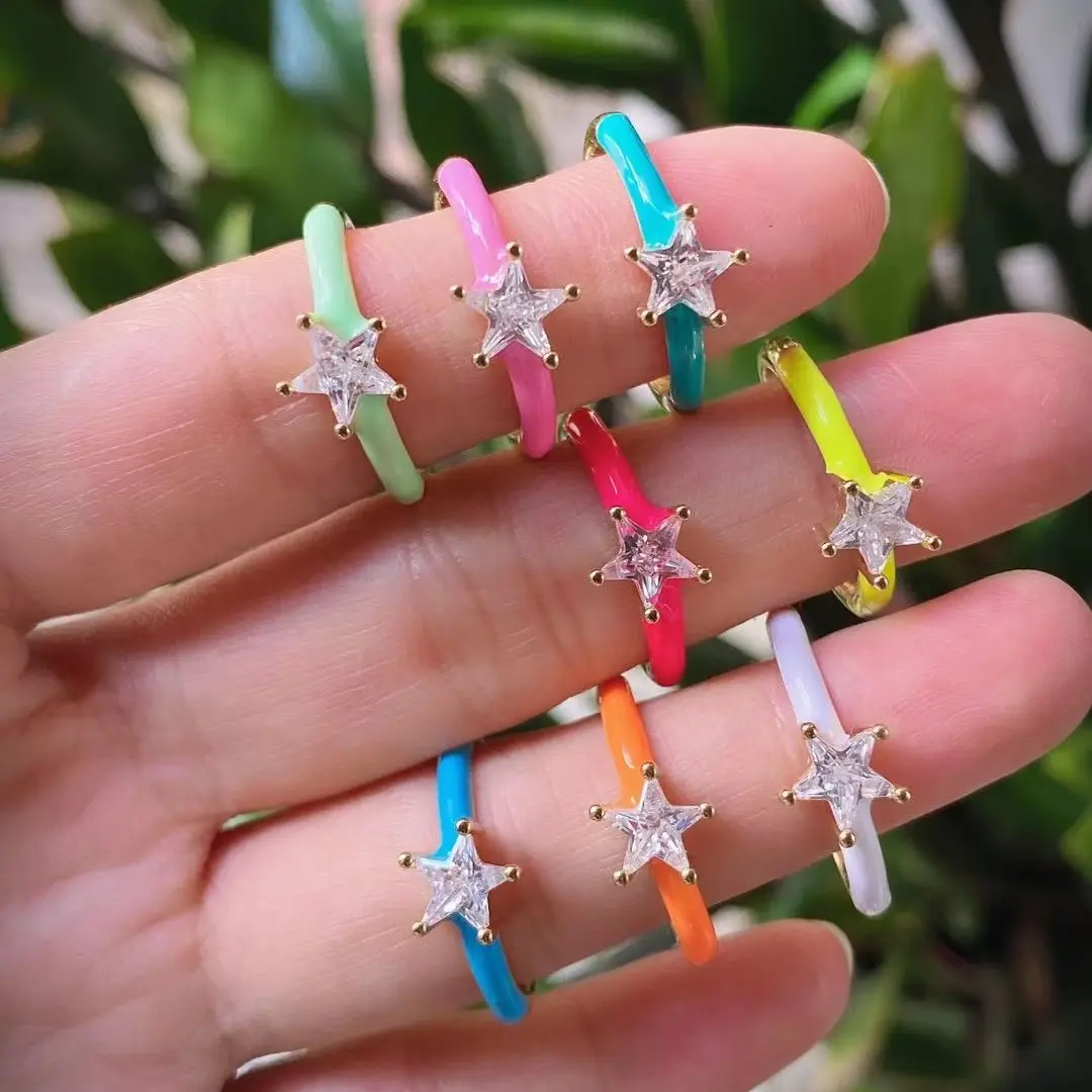

10PCS, Fashion Color Enamel Rings For Woman Zircon Star/Heart/Drop Minimalist Thin Open Adjustable Daily Charm Jewelry Ring