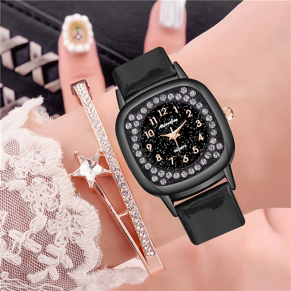 

Women Square Arabic Numbers Watch Casual Luxury Leather Rhinestone Watches Gift Clock Montre Femme Reloj Mujer