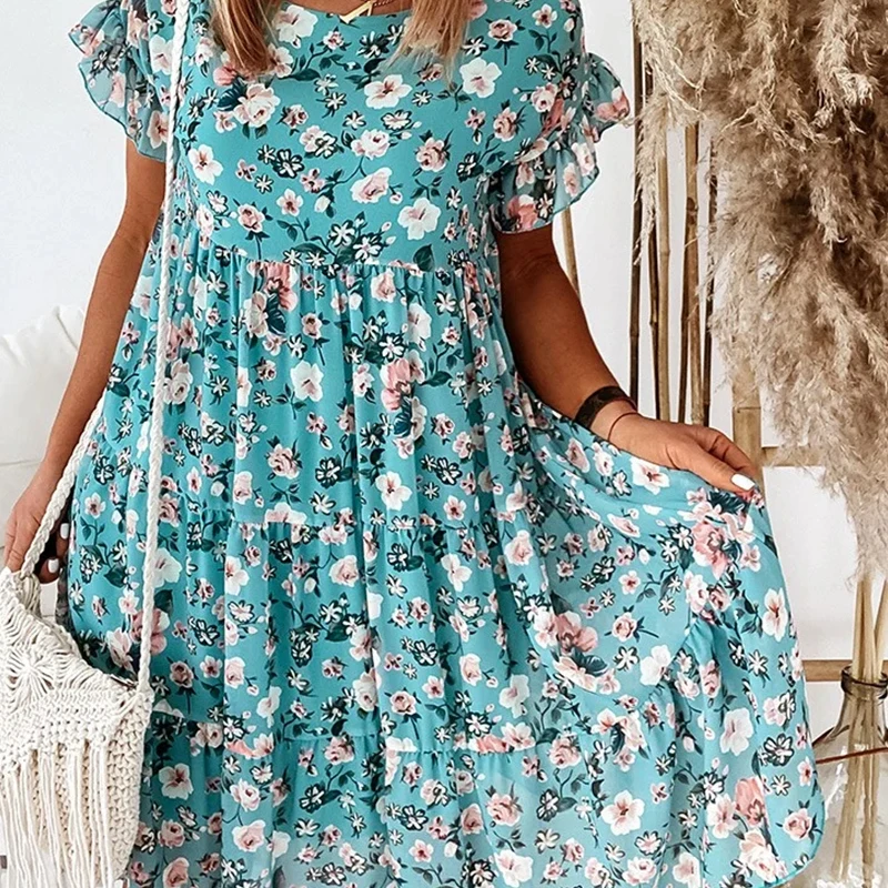 

2021 Summer Floral Print Dress Bohemian Ruffles Short Sleeve A-Line Dresses Elegant O-Neck Loose Mini Party Dresses