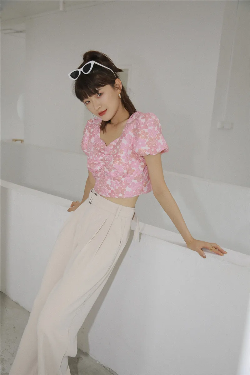 

Royal style navel top women's summer puff sleeves short waist shirt female hot pink color shirt U179