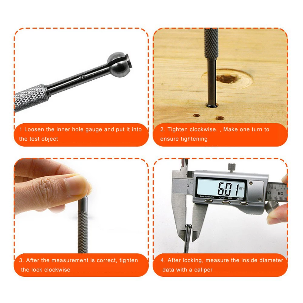 

4pc Small Hole Gauge Adjustable Steel Telescopic Gage Gauge Set Square Head Inner Diameter Gauge Round Head 3-13mm