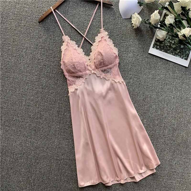

Satin Suspender Nightdress Sexy Sleepwear Women Summer Lingerie Backless Nightgown Sleep Dress Lace Patchwork Home Dressing Gown