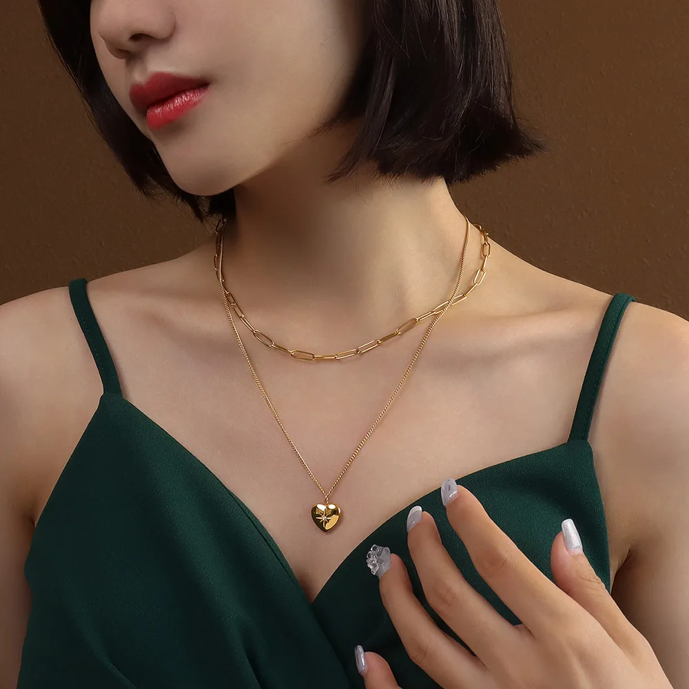 

Layered Necklace 316L Stainless Steel Gold Plated Heart Pendant Necklace for Women 2021 Fashion Jewelry