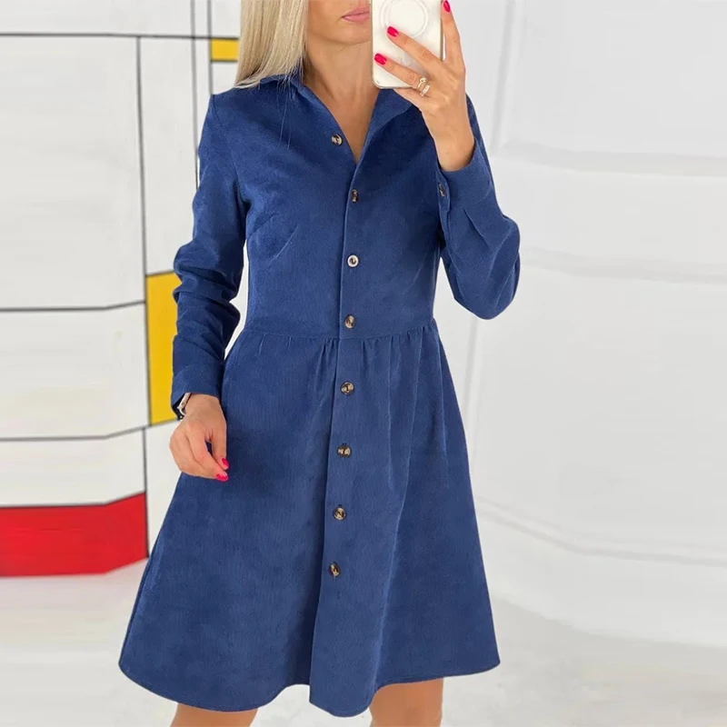

Fashion Single-Breasted Long Sleeve Shirt Dresses Elegant Corduroy Women Party Dress Autumn Winter Turn-down Collar Solid Dress