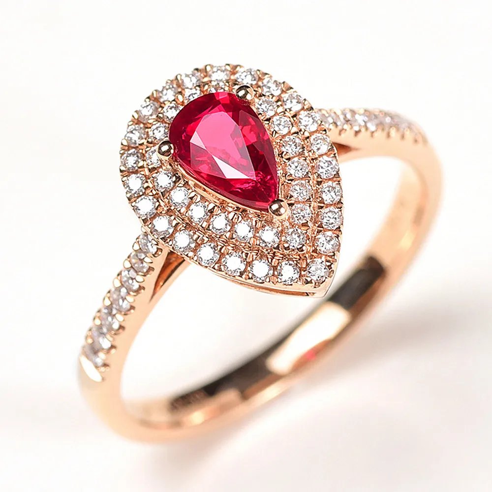 Модные кольца с красными камнями в форме капли воды и рубина бриллиантами из
