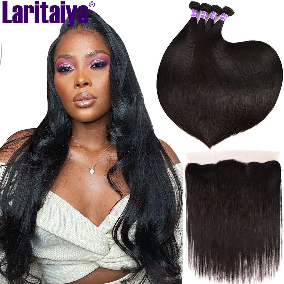 Laritaiya Straight Hair Bundles With Frontal 100% Human Hair 3/4 Bundles With Frontal Brazilian Hair Weave Bundles With Closure