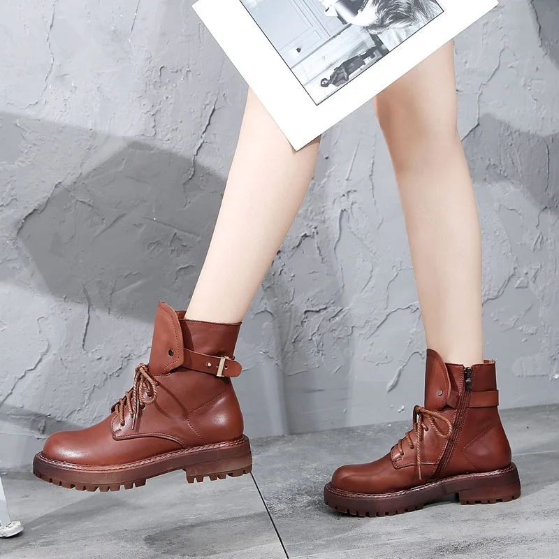 

DRKANOL Autumn Winter Women Boots Quality Handmade Genuine Leather Casual Flats Heel Ankle Boots For Women Warm Platform Shoes