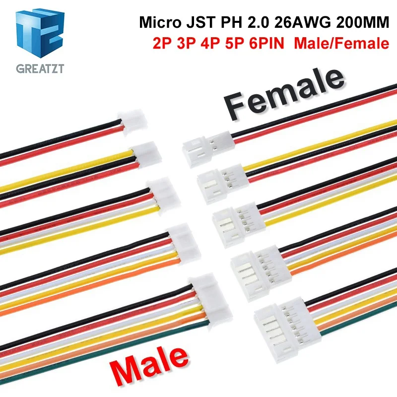 10 шт. 5 пар Micro JST PH 2 0 2P 3P 4P 5P 6-контактный Штекерный разъем с проводными кабелями 20