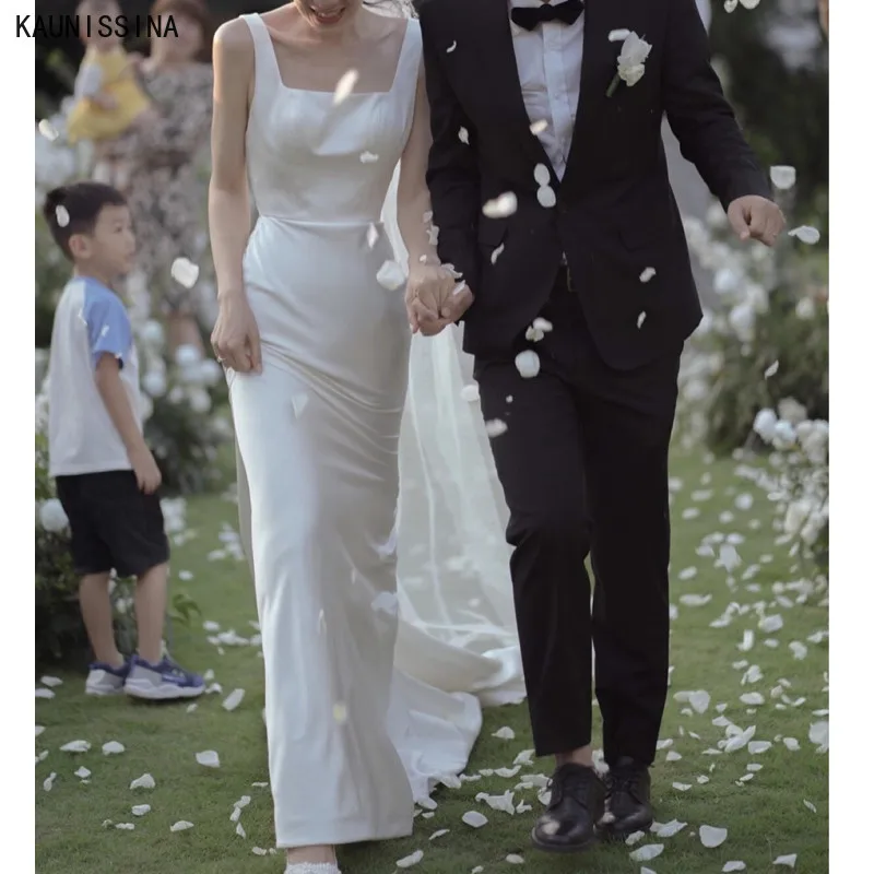 

KAUNISSINA Open Back Simple Elegant Wedding Dress Sweep Train Bridal Dresses Sleeveless White Wedding Gowns Custom Made