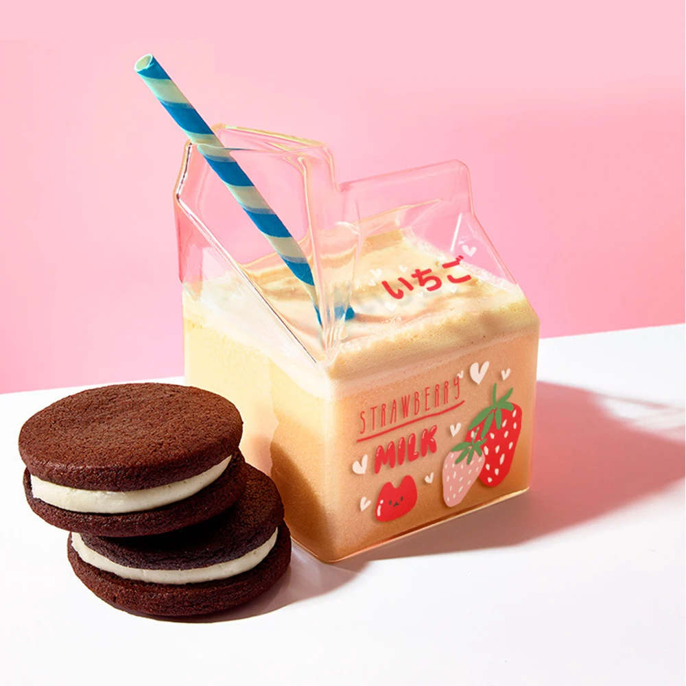 

Korean-Style Cute Small Fresh Square Glass Breakfast Milk Cups Portable Fashion Creative Milk Box Glass Water Cup Drinkware